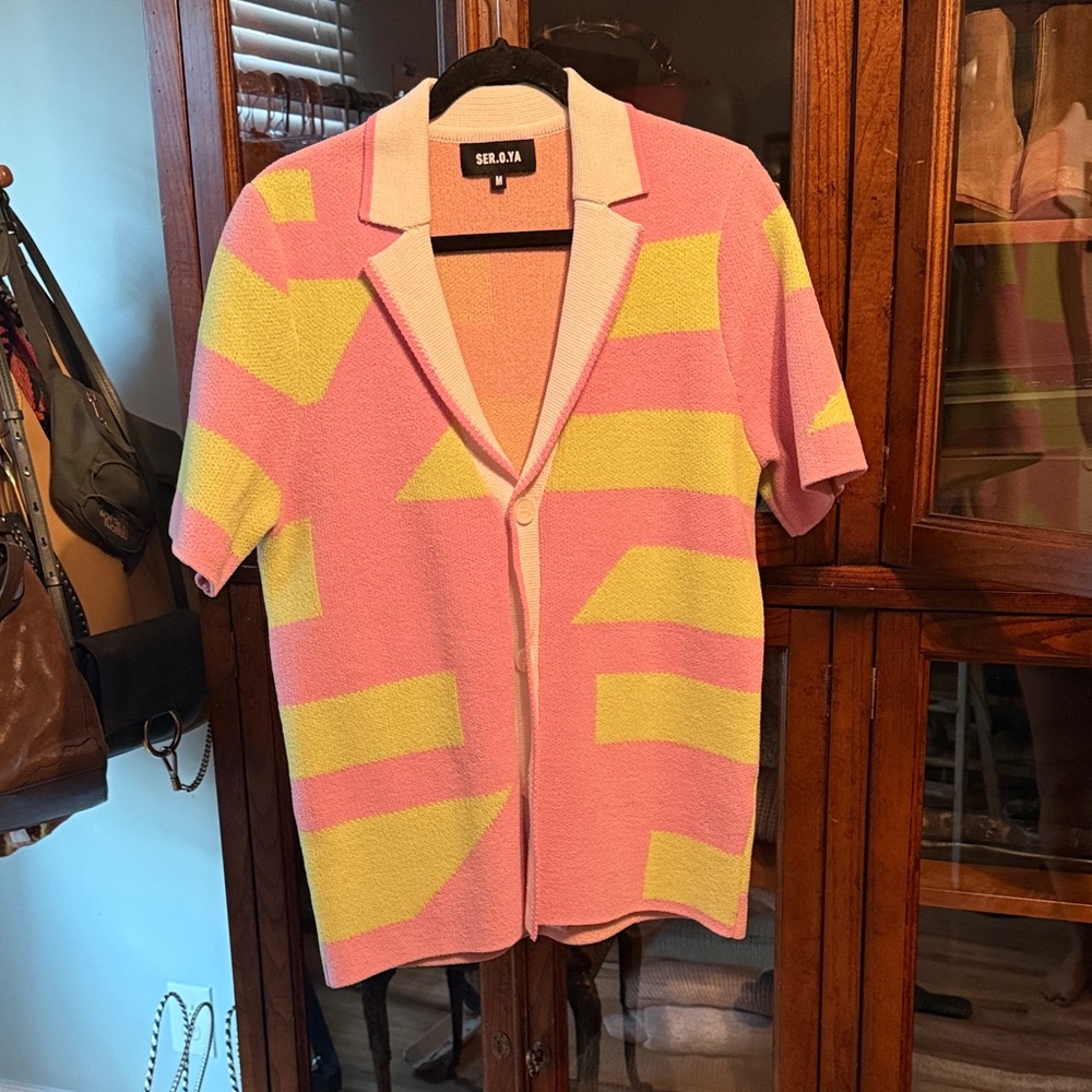 SER.O.YA Pink and Neon Yellow Short-Sleeve Knit Button Cardigan